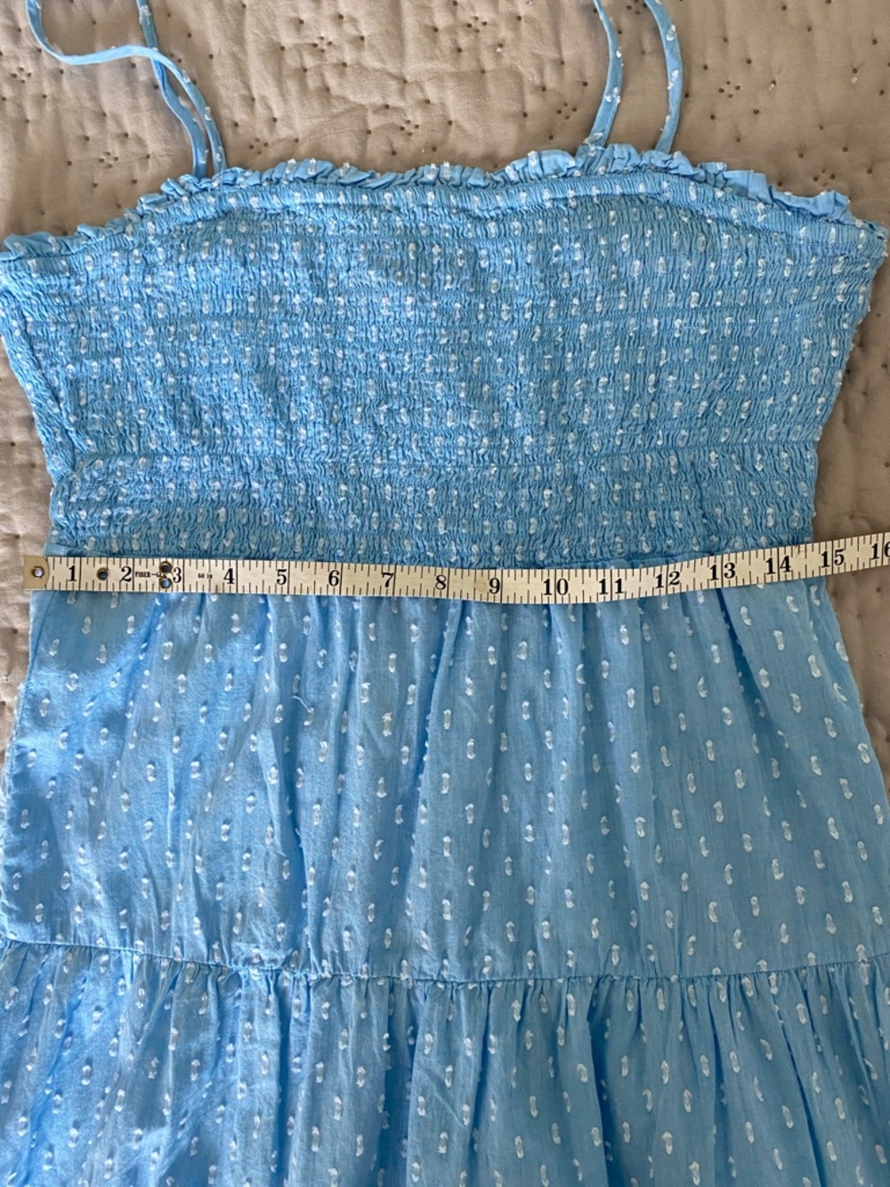 NWT Joe Fresh Light Blue Smocked Tiered Tie-Shoulder Swiss Dot Maxi Dress Size S - Picture 13 of 14